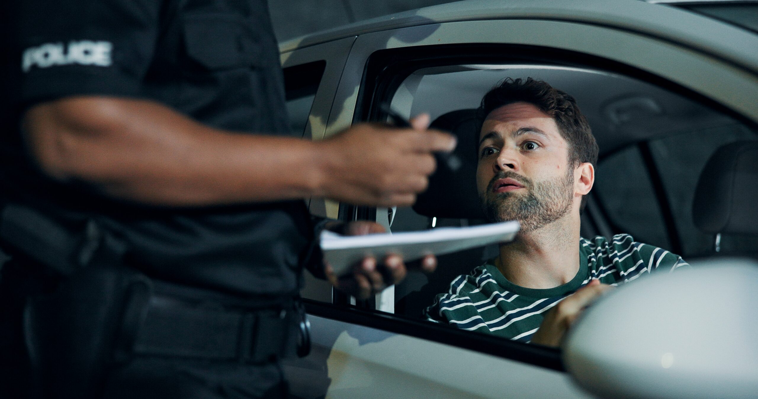 Man,,Police,And,Stop,Car,For,Fine,,Registration,Check,And